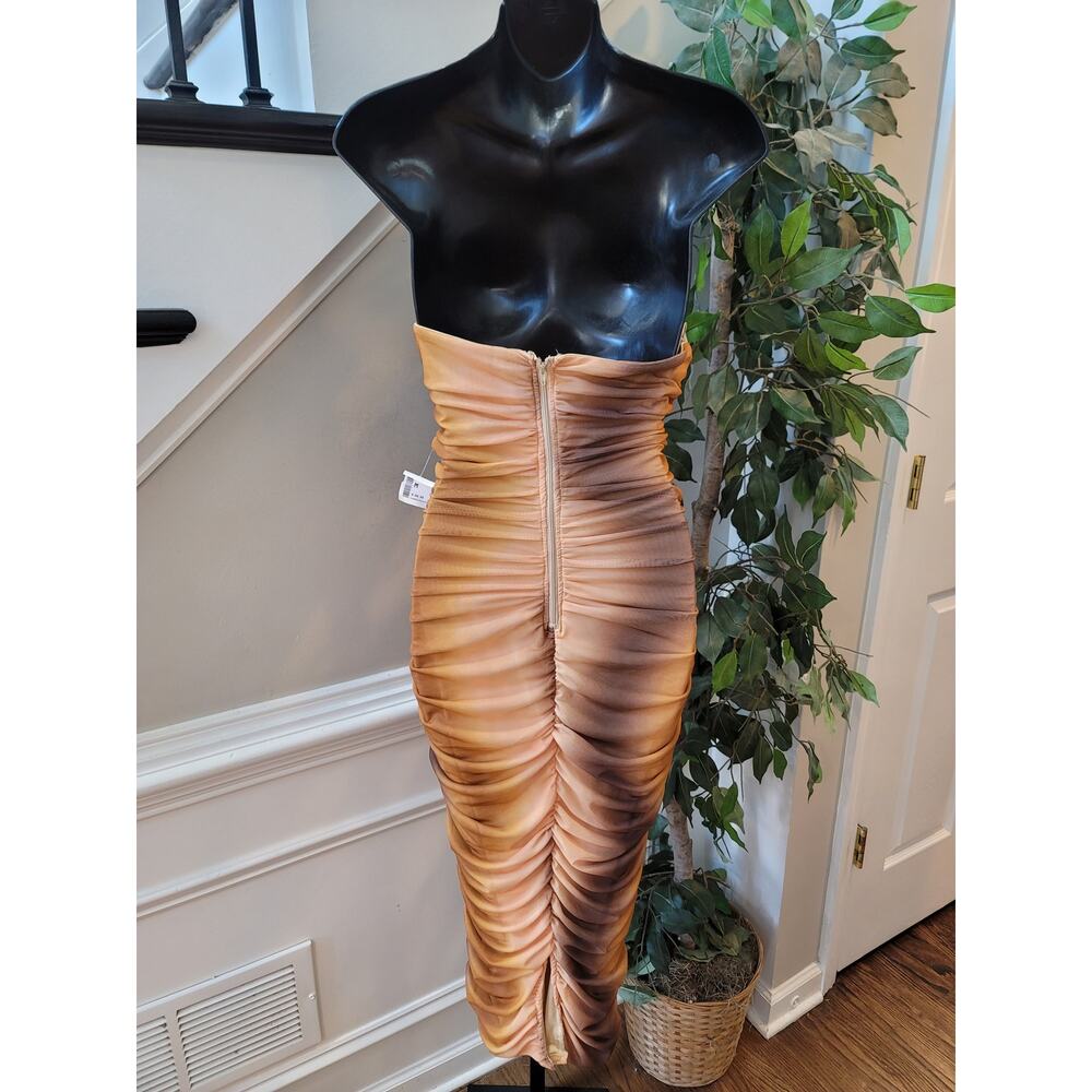 Blanc Midi Dress Womens Medium Brown Beige Wired Mesh Ruched Cutout U-Bar Casual - Picture 6 of 13